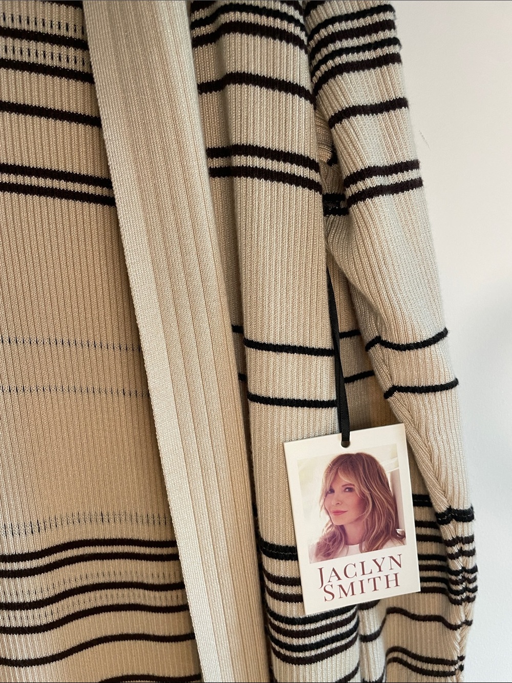 NWT - Jaclyn Smith Long Beige Striped Open Cardigan - Picture 3 of 6